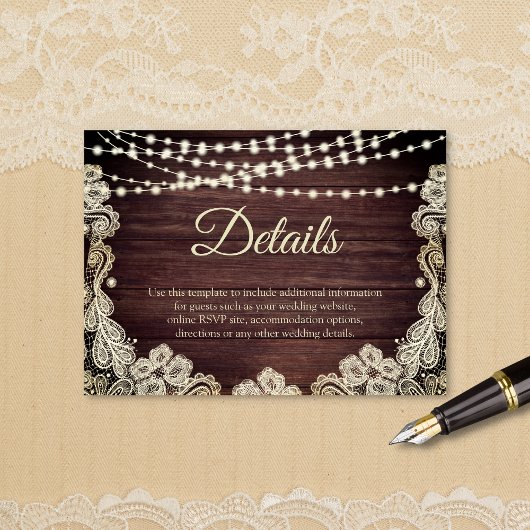 Rustiek hout ivoor kant string lampjes details Enc Informatiekaartje