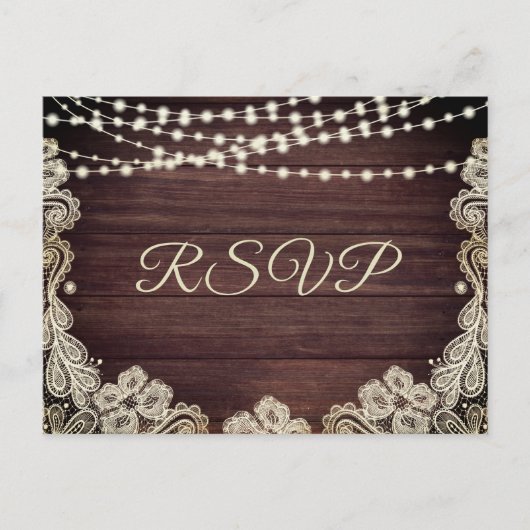 Rustiek Hout Ivoor Kant String Lights Bruiloft RSV Uitnodiging Briefkaart (Voorkant)