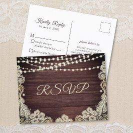 Rustiek Hout Ivoor Kant String Lights Bruiloft RSV Uitnodiging Briefkaart