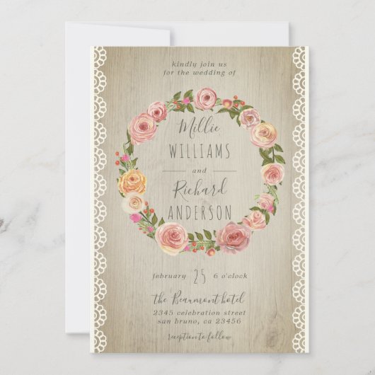 Rustiek Hout,  Kant & Bloemen Krans Trouwen Kaart (Voorkant)