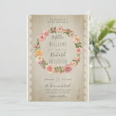 Rustiek Hout, Kant & Bloemen Krans Trouwen Kaart (Staand voorkant)