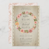 Rustiek Hout,  Kant & Bloemen Krans Trouwen Kaart (Voorkant / Achterkant)