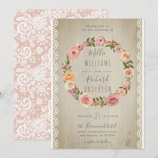 Rustiek Hout, Kant & Bloemen Krans Trouwen Kaart (Voorkant / Achterkant)