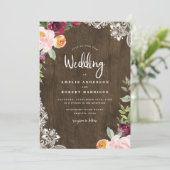 Rustiek Hout & Kant Bourgogne Blush Bloemen Huweli Kaart (Staand voorkant)