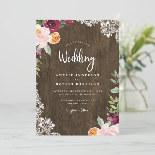 Rustiek Hout & Kant Bourgogne Blush Bloemen Huweli Kaart (Staand voorkant)