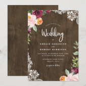 Rustiek Hout & Kant Bourgogne Blush Bloemen Huweli Kaart (Voorkant / Achterkant)