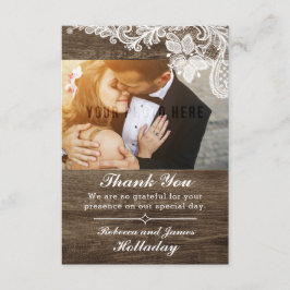 Rustiek hout & kant bruiloft dank u bedankkaart