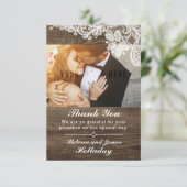 Rustiek hout &  kant bruiloft dank u bedankkaart (Staand voorkant)
