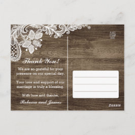 Rustiek hout &  kant bruiloft dank u briefkaart