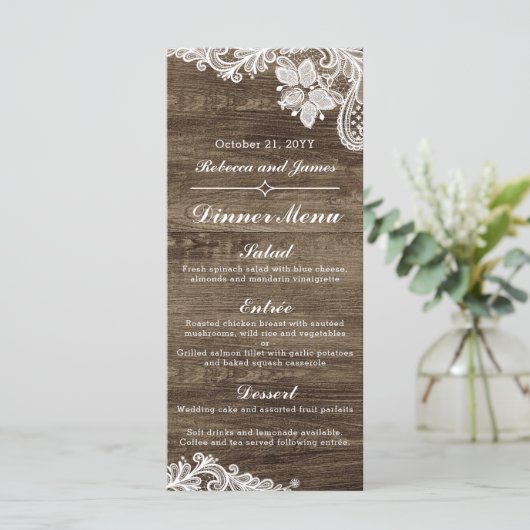 Rustiek Hout &  Kant Bruiloft Diner Menu (Staand voorkant)