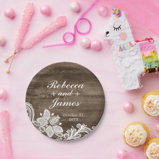 Rustiek Hout & Kant Bruiloft Gepersonaliseerd Papieren Bordje (Feest)
