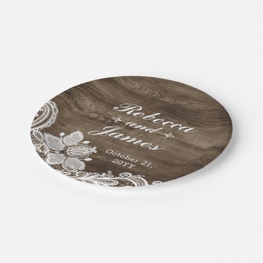 Rustiek Hout & Kant Bruiloft Gepersonaliseerd Papieren Bordje (Gekanteld)