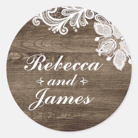 Rustiek Hout & Kant Bruiloft Gepersonaliseerd Ronde Sticker (Voorkant)
