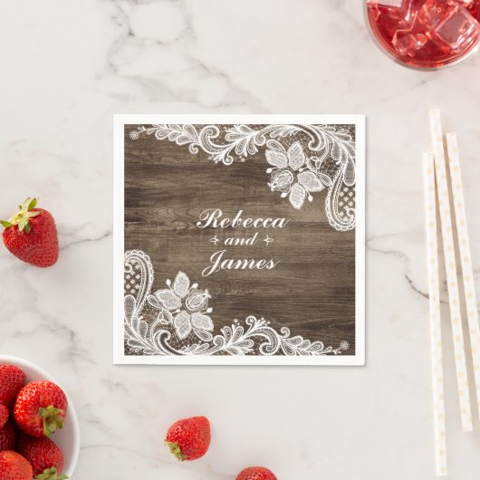 Rustiek Hout &  Kant Bruiloft Gepersonaliseerd Servetten (Insitu)