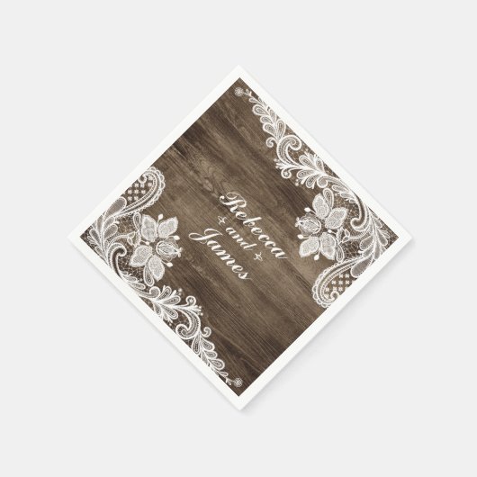 Rustiek Hout &  Kant Bruiloft Gepersonaliseerd Servetten (Hoek)