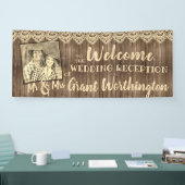 Rustiek hout & kant bruiloft receptie foto welkom spandoek (Beurs)