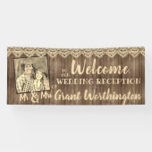 Rustiek hout & kant bruiloft receptie foto welkom spandoek (Horizontaal)