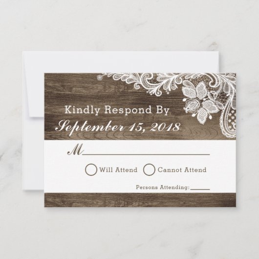 Rustiek Hout & Kant Bruiloft Uitnodiging RSVP (Voorkant)