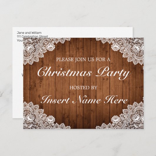 Rustiek Hout & Kant Kerst Uitnodiging Briefkaart (Voorkant / Achterkant)