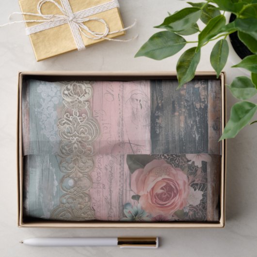 Rustiek hout, Kant, Pastel Bloemen Decoupage Tissuepapier (Geschenk)
