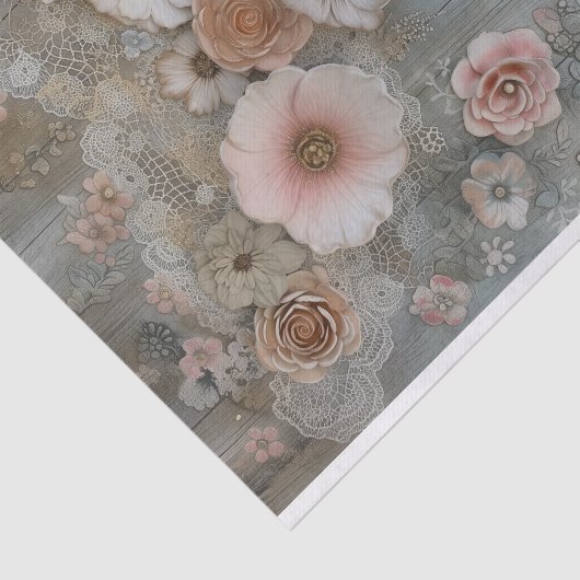 Rustiek hout, Kant, Pastel Bloemen Decoupage Tissuepapier (Detail)