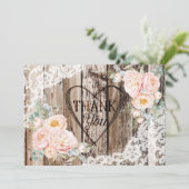 Rustiek hout kant pioen hart etsen dank u bedankkaart (Staand voorkant)