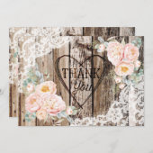 Rustiek hout kant pioen hart etsen dank u bedankkaart (Voorkant / Achterkant)