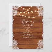 Rustiek Hout Kant & String Lights Sweet 16 Party Kaart (Voorkant)