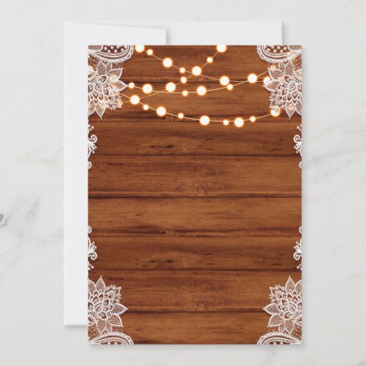 Rustiek Hout Kant & String Lights Wedding Kaart (Achterkant)