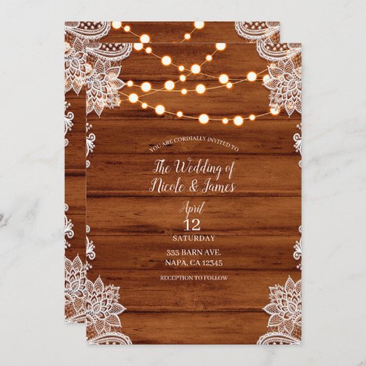 Rustiek Hout Kant & String Lights Wedding Kaart (Voorkant / Achterkant)