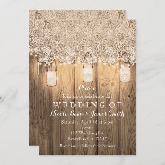 Rustiek Hout Kant & Verlichte Mason Jars bruiloft Kaart (Voorkant / Achterkant)