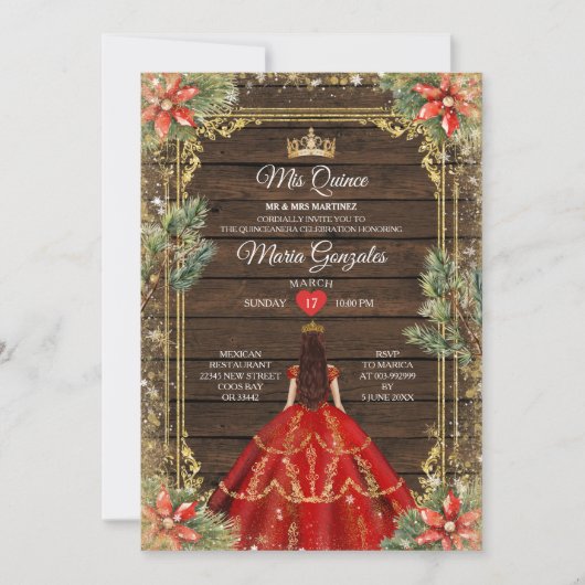 Rustiek Hout Kerst Rood Prinses Mis Quince Kaart (Voorkant)