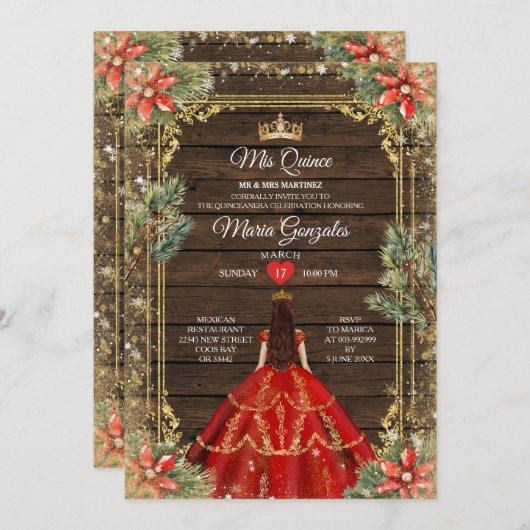 Rustiek Hout Kerst Rood Prinses Mis Quince Kaart (Voorkant / Achterkant)