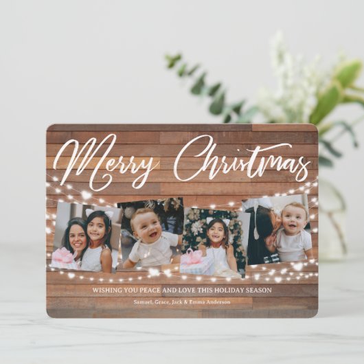 Rustiek Hout Kerstmis 5 Foto String Lichten Feestdagenkaart (Staand voorkant)