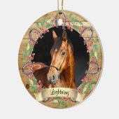 Rustiek Hout Kerstpaard Foto gepersonaliseerd Keramisch Ornament (Links)