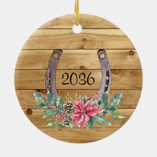 Rustiek Hout Kerstpaard Foto gepersonaliseerd Keramisch Ornament (Achterkant)