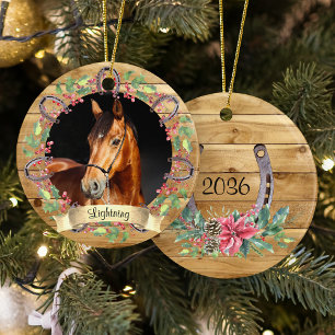 Rustiek Hout Kerstpaard Foto gepersonaliseerd Keramisch Ornament