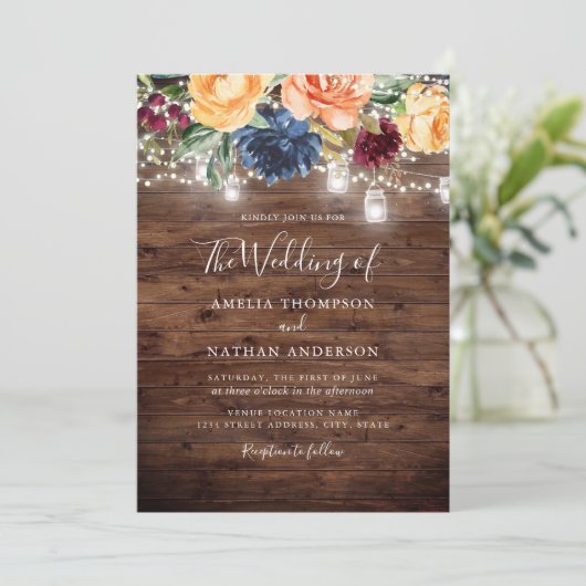 Rustiek Hout Kleur Bloemen Lichten Trouwen Kaart (Staand voorkant)