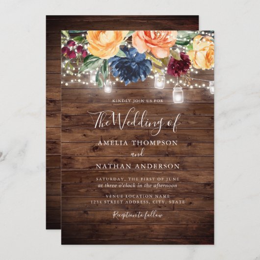 Rustiek Hout Kleur Bloemen Lichten Trouwen Kaart (Voorkant / Achterkant)