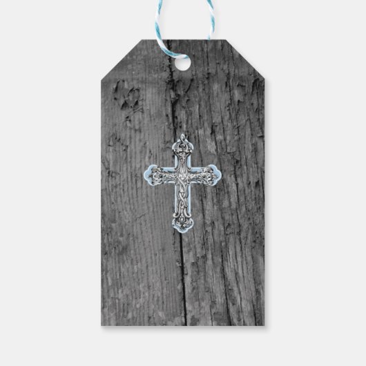 Rustiek hout  kruis doop dank u foto cadeaulabel (Achterkant)