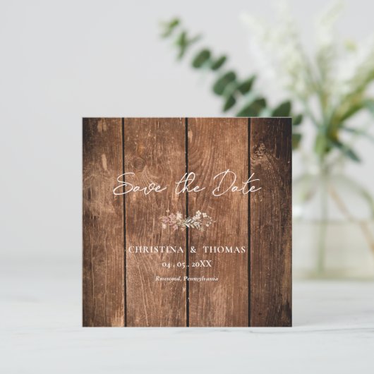 Rustiek hout land bruiloft save the date (Staand voorkant)