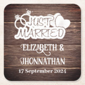 Rustiek hout land bruiloft wit net getrouwd kartonnen onderzetters (Voorkant)