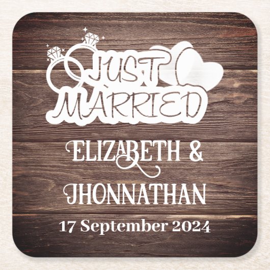 Rustiek hout land bruiloft wit net getrouwd kartonnen onderzetters (Voorkant)