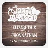 Rustiek hout land bruiloft wit net getrouwd vierkante sticker (Voorkant)