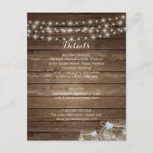 Rustiek Hout Land Mason Jar Bruiloft DETAILS Informatiekaartje (Voorkant)