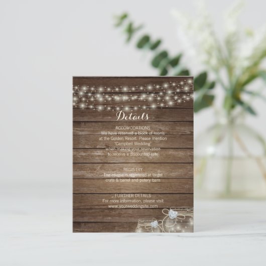 Rustiek Hout Land Mason Jar Bruiloft DETAILS Informatiekaartje (Staand voorkant)