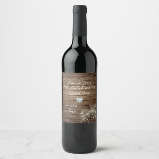 Rustiek Hout Land Mason Jars Hart Bruiloft Wijn Etiket (Voorkant)