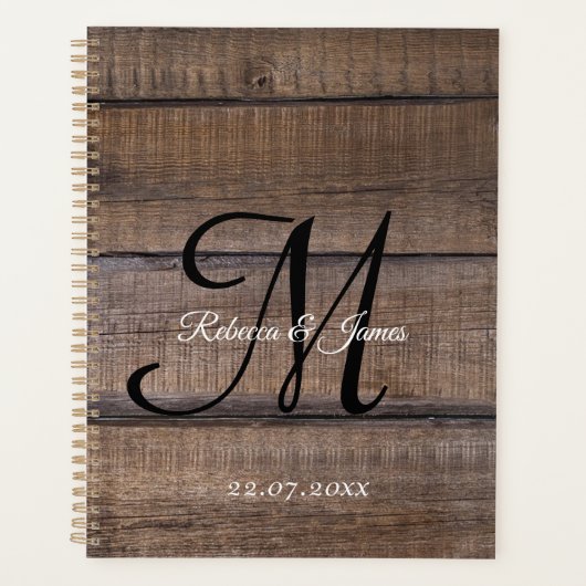 Rustiek Hout Land Monogram Script Bruiloft Planner (Voorkant)