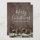 Rustiek hout land pijnbomen Lichten & Sneeuw Kerst Feestdagenkaart (Voorkant / Achterkant)