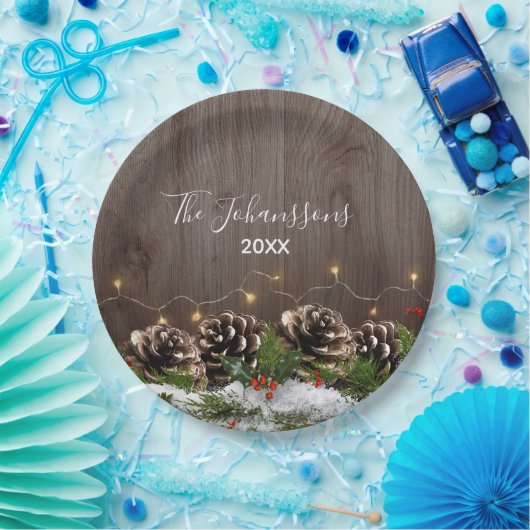 Rustiek hout land pijnbomen Lichten & Sneeuw Kerst Papieren Bordje (Feest)